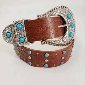 Women's Rhinestone Faux Turquoise Western Style Brown Cowgirl Belt M